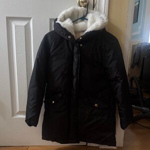 J Crew Girls Gorgeous Black Hooded Coat with White Fleece Lining